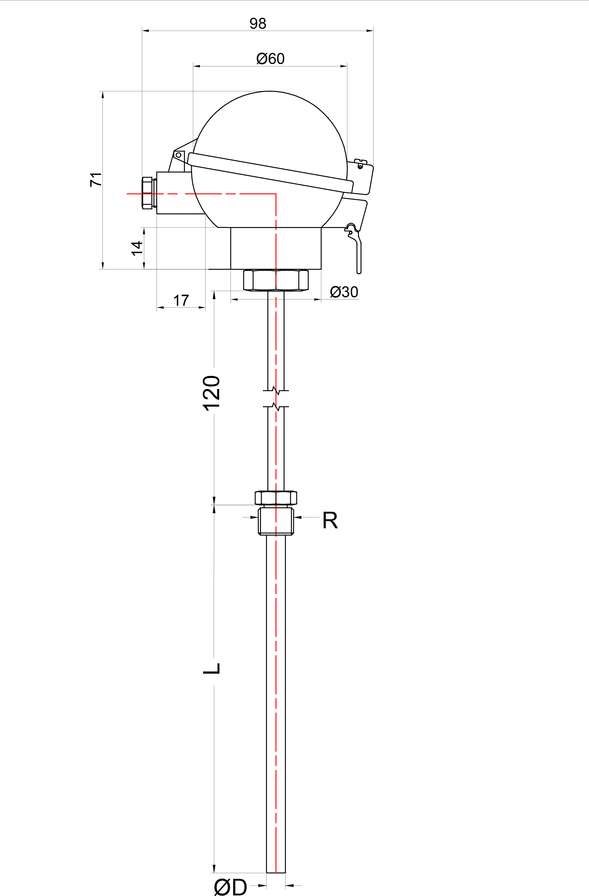 Threaded with extension (Standard 120mm or optional)